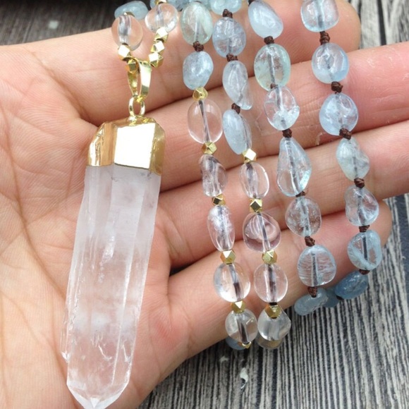 aquamarine and quartz gold or silver necklace - Picture 4 of 9